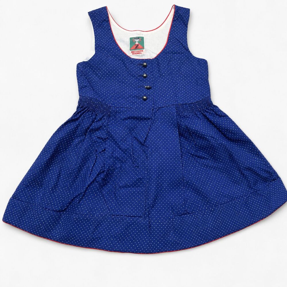 Vintage 1980s Zechner Dirndl Girls Dress Blue Polka Dot German Austrian 20"